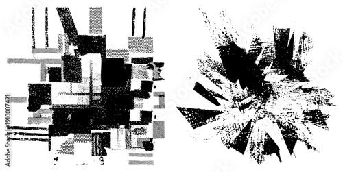 Black and white vector art featuring fragmented geometric shapes and explosive radial bursts, halftone textures, graphic design elements, modern abstract composition.