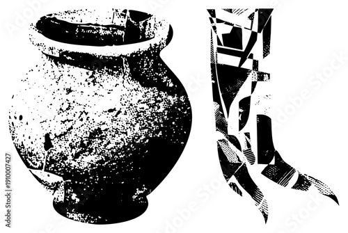 Black and white vector illustration of a textured clay pot and abstract geometric, halftone texture, graphic design element, isolated foreground, stylized artifact.