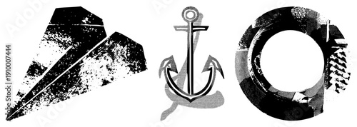 Paper airplane, anchor, and lifebuoy rendered in halftone with grunge texture, nautical, maritime symbols, distressed vector art.