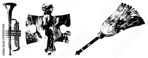 Black and white halftone vector illustration of a trumpet, puzzle piece with human silhouette, and broomstick. Artistic graphic elements with textured shading and isolated foreground objects.
