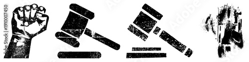 Graphic symbols representing protest, justice, legal breakdown, and rebellion, rendered in high contrast halftone style with distressed texture.