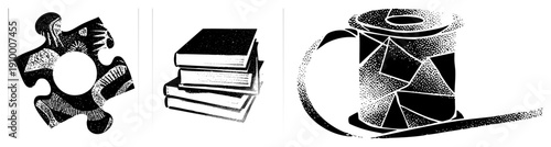 Black and white halftone puzzle piece with sunburst, stacked books with textured pages, spool of thread with geometric, vector art, isolated elements.