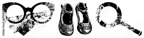 Retro graphic round framed spectacles, glittery Mary Jane shoes, magnifying glass, distressed texture, vector art, search and vision symbols.