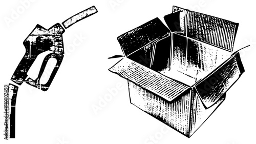 Gas pump nozzle and cardboard shipping box, delivery logistics, freight handling, packaging, transport, supply chain, warehouse.