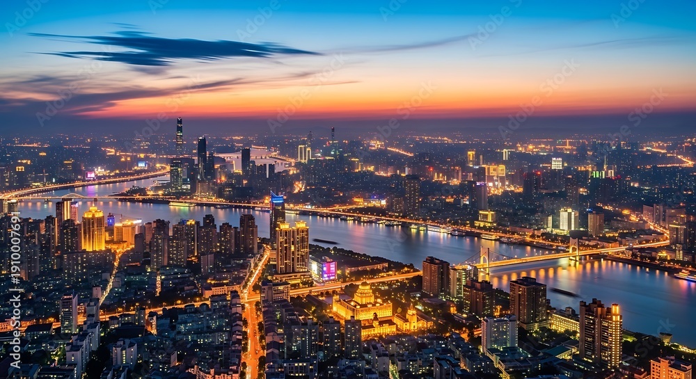Fototapeta premium City skyline at dusk illuminated buildings and river at twilight