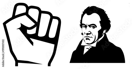 Black and white vector clenched fist symbolizing power or protest, alongside portrait of Felix Mendelssohn, classic silhouette style, isolated graphic elements.