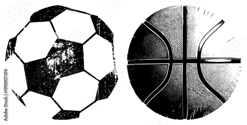 Classic soccer ball with pentagon and basketball with textured seams, rendered in gritty halftone style, ideal for retro sports graphics or athletic branding.