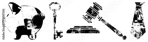 Black and white vector representing money, access, law, and professionalism financial tools, legal, business attire, economic symbols.