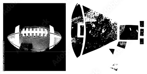 Football with laces and halftone texture, megaphone shattered into geometric fragments, bold black and white vector design, sports, event announcement symbol.
