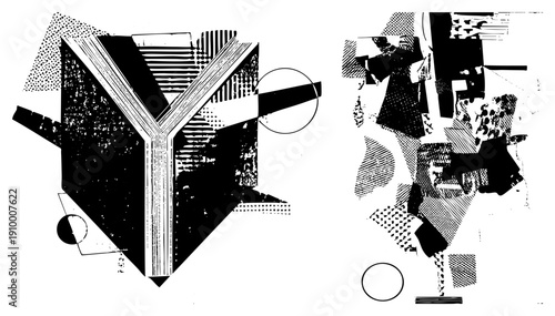 Black and white graphic art featuring fragmented geometric forms, halftone textures, and stark contrasts, ideal for modern design or print.