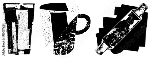 Retro style kitchen tools including tumbler, ceramic mug, and rolling pin, rendered in halftone texture, ideal for culinary design or print.