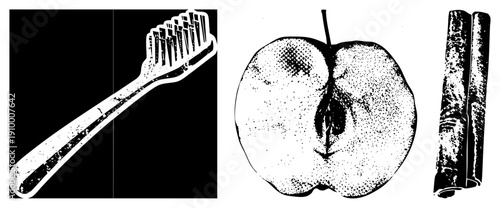 Black and white halftone graphic of toothbrush, section, and cinnamon sticks. Retro print style, isolated objects, vector art, dental hygiene, fruit, spice.