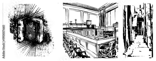 Hand drawn architectural sketches featuring a sunburst doorway, courthouse interior with benches, and narrow alleyway, rendered in bold art with high contrast and textured shading.