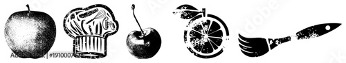 Black and white halftone illustrations of, chef hat, cherry, citrus slice, and paintbrush, isolated vector for design, featuring distressed texture and classic graphic style.