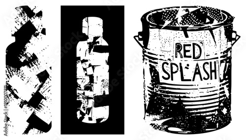 Graphic vector set featuring fragmented bottle and paint bucket with distressed textures, bold "RED SPLASH" text, stencil style, design, urban art aesthetic.