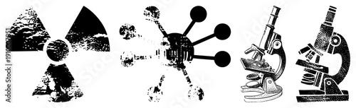 Scientific lab equipment, radiation warning sign, halftone texture, black and white vector, scientific research symbols, isolated graphic elements.