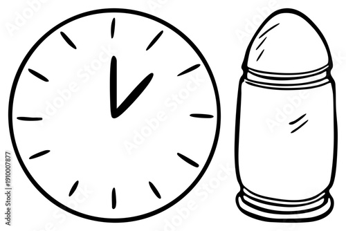 Hand drawn clock face with hour and minute hands, alongside a stylized bullet casing, both rendered in clean black, ideal for graphic design or educational use.