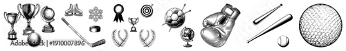 Set of athletic gear and trophies including hockey stick, boxing glove, baseball bat, golf ball, soccer ball, trophies, and laurel wreaths, rendered in black and white vector style.