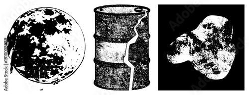 Halftone vector illustrations of a fractured oil barrel, textured globe, and irregular rock shape, rendered in high contrast black and white with stippled shading and clean.