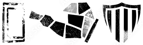 Fragmented polygonal forms with halftone and distressed textures, stylized graphic elements, vector art, modern design motifs.