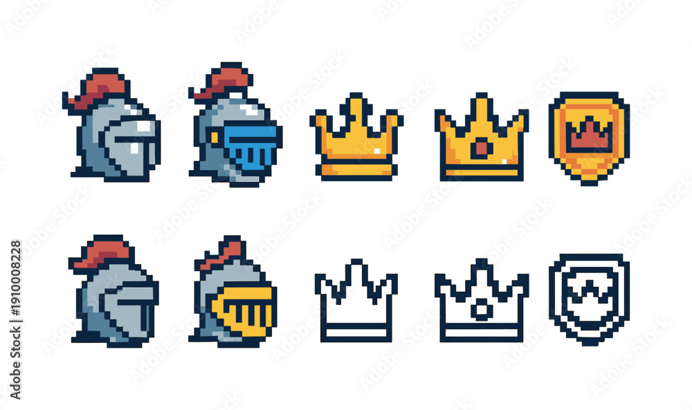 Fototapeta premium Medieval, knight pixel art icon set. Armor, crown, shield icons in pixel style