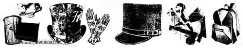 Classic gentleman’s accessories including top hat, lace gloves, and pocket watch, vintage fashion, formal wear, aristocratic style, vector art.