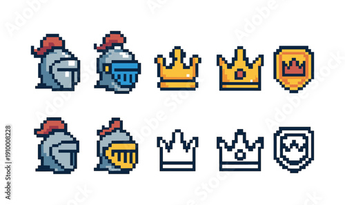 Medieval, knight pixel art icon set. Armor, crown, shield icons in pixel style