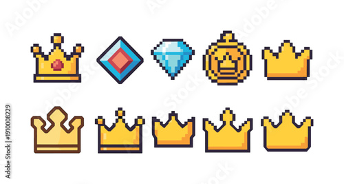 Pixel art crown and jewel icon set. Retro gaming style pixelated collection