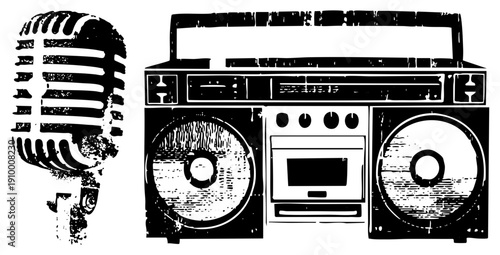 Classic microphone with grille and boombox with speakers and cassette deck, retro equipment, 80s music gear, black and white vector illustration.