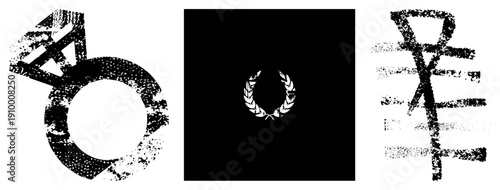 Distressed black vector diamond ring, laurel wreath, and hieroglyphic symbol, textured with grainy brush strokes, isolated on transparent background.