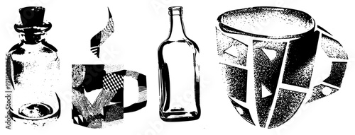 Retro glass bottle with stopper, geometric mug with checkered, swirl, halftone vector art, isolated beverage containers, stylized drinkware, graphic.