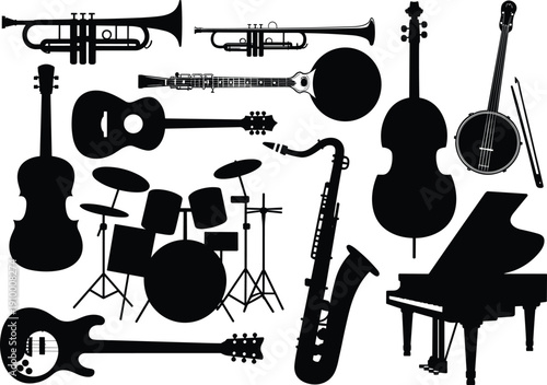 Black and White Vector Silhouette Set of Musical Instruments Including Piano Guitar Drums Trumpet Saxophone and Violin for Jazz Band Music Concert and Orchestral Branding