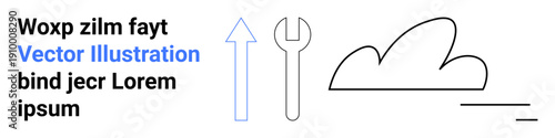 Cloud computing, data storage, technical repair, internet services, web solutions, process flow. Arrow, wrench and cloud symbols with clean lines. Cloud computing and data storage concept
