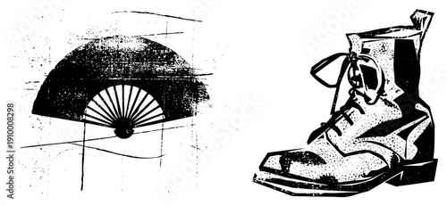 Black and white halftone fan with radial ribs and distressed boot with laces, graphic design elements, retro aesthetic, isolated objects, stylized silhouette.