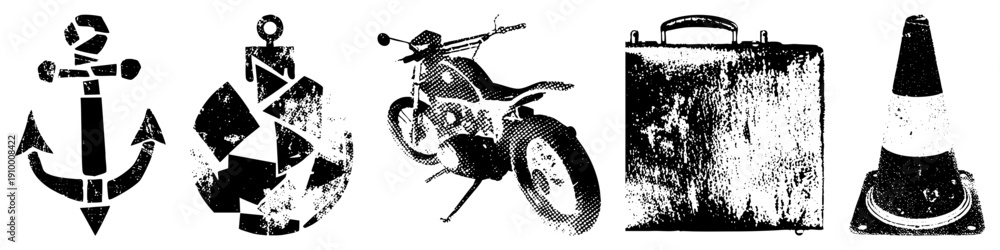 Obraz premium Set of five anchor, recycling symbol, motorcycle, suitcase, traffic cone. Vector graphic with halftone texture and distressed effect. Isolated foreground elements.