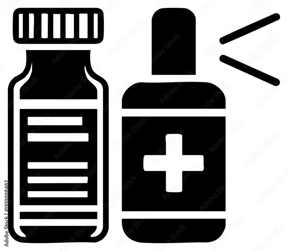 Obraz premium Black vector of medicine bottle and first aid kit, health care symbols, pharmacy essentials, medical supplies, healthcare graphic elements.