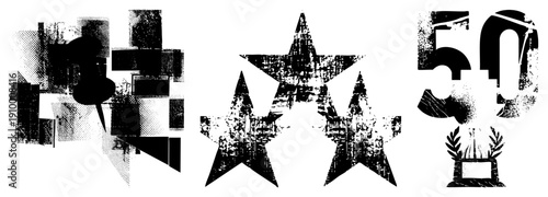 Distressed halftone star and “50” trophy graphic, vintage rating symbols, gritty texture design, black and white vector elements.
