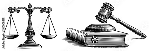 Classic legal featuring justice scales and gavel resting on law book, courtroom symbols, legal system representation, judicial, rule of law.