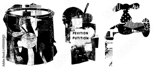 Graphic composition of three fragmented black silhouettes with halftone textures, abstract forms, glitch art style, isolated vector elements, stylized shapes.