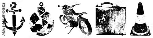 Set of five anchor, recycling symbol, motorcycle, suitcase, traffic cone. Vector graphic with halftone texture and distressed effect. Isolated foreground elements.