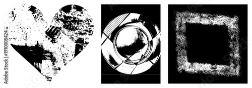 Vector graphic featuring heart, circular, and square forms with glitchy halftone textures, design, digital distortion, graphic art elements.