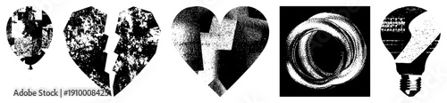 Abstract halftone shattered heart, twisted bulb, fragmented balloon. Vector art with glitch texture,, symbolic shapes for emotion or ideas. Isolated elements, graphic design assets.