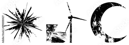 Distressed black vector wind turbine, starburst, moon. Textured, gritty,, graphic design elements. Eco symbols, celestial motifs, industrial motifs.