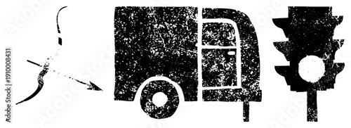 Graphic representing motion, transport, and traffic, rendered in high contrast halftone style with distressed texture, ideal for urban design or signage systems.