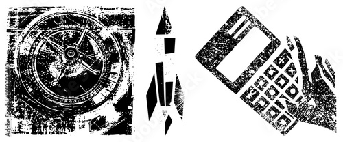 Retro clock face, stylized, hand holding calculator, distressed texture, graphic, tech and time, vector illustration.