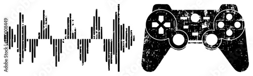 waveform visualization and game controller, both in black and white with grunge texture, digital symbols, isolated vector graphics.