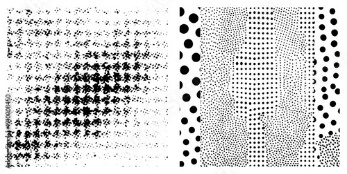 Black and white halftone dots forming gradient density shift, visual texture, graphic design element, print art effect, vector.
