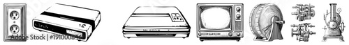 Retro electrical outlets, VCR, DVD player, CRT TV, fan, engine, and lab apparatus rendered in clean art, ideal for tech history or design projects.