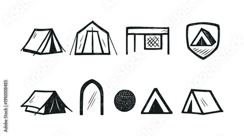 Camping, tents outline icon set. Outdoor, adventure, hiking symbols collection
