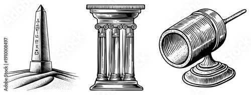 Historical monument, Egyptian obelisk with hieroglyphs, classical Doric column, judge’s gavel, engraved art, legal symbol, architectural.